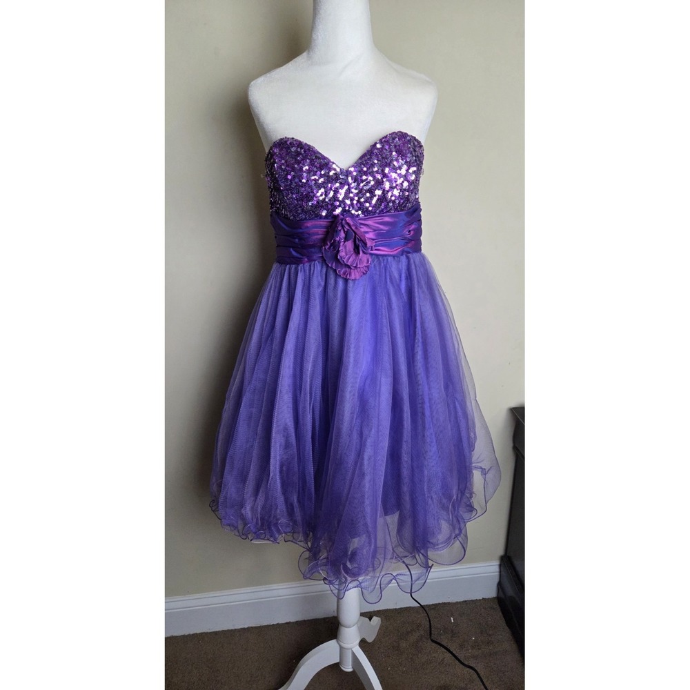 Nina Canacci Purple Sequin Strapless Tulle Dress Large Homecoming Prom Cocktail